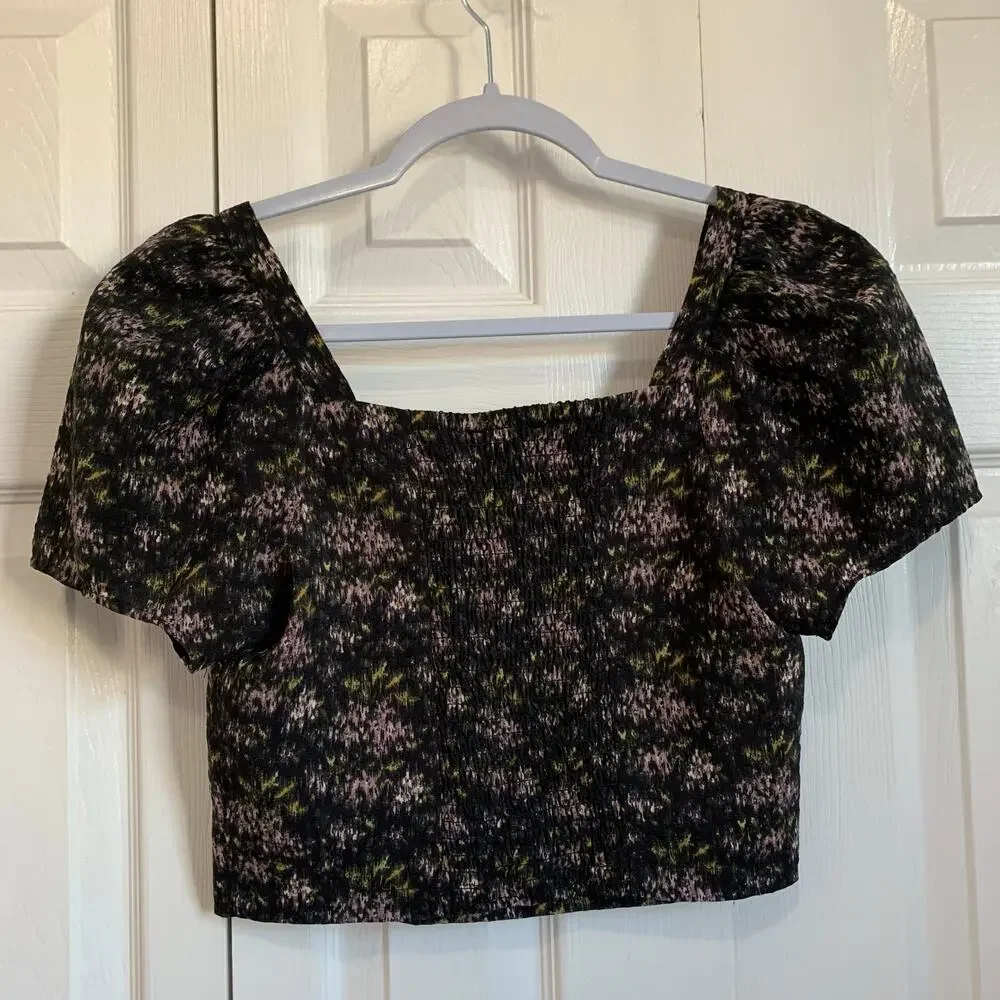Madewell Hopewell Puff-Sleeve Crop Top Dark Floral Size XS